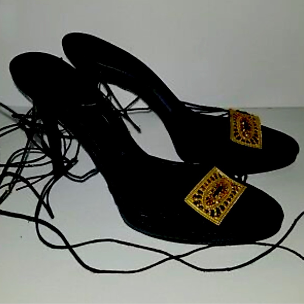 BCBG Max Azria black leather gold rhinestone tie Up strappy heels. 6
